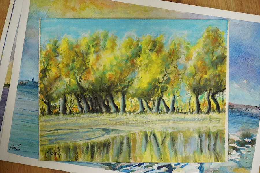 Baris Ali Kibar (Contemporary), eleven watercolours on card, Landscapes to include London views, Coastal scenes and an alpine landscape, some signed and dated, largest 30 x 40cm, unframed. Condition - fair